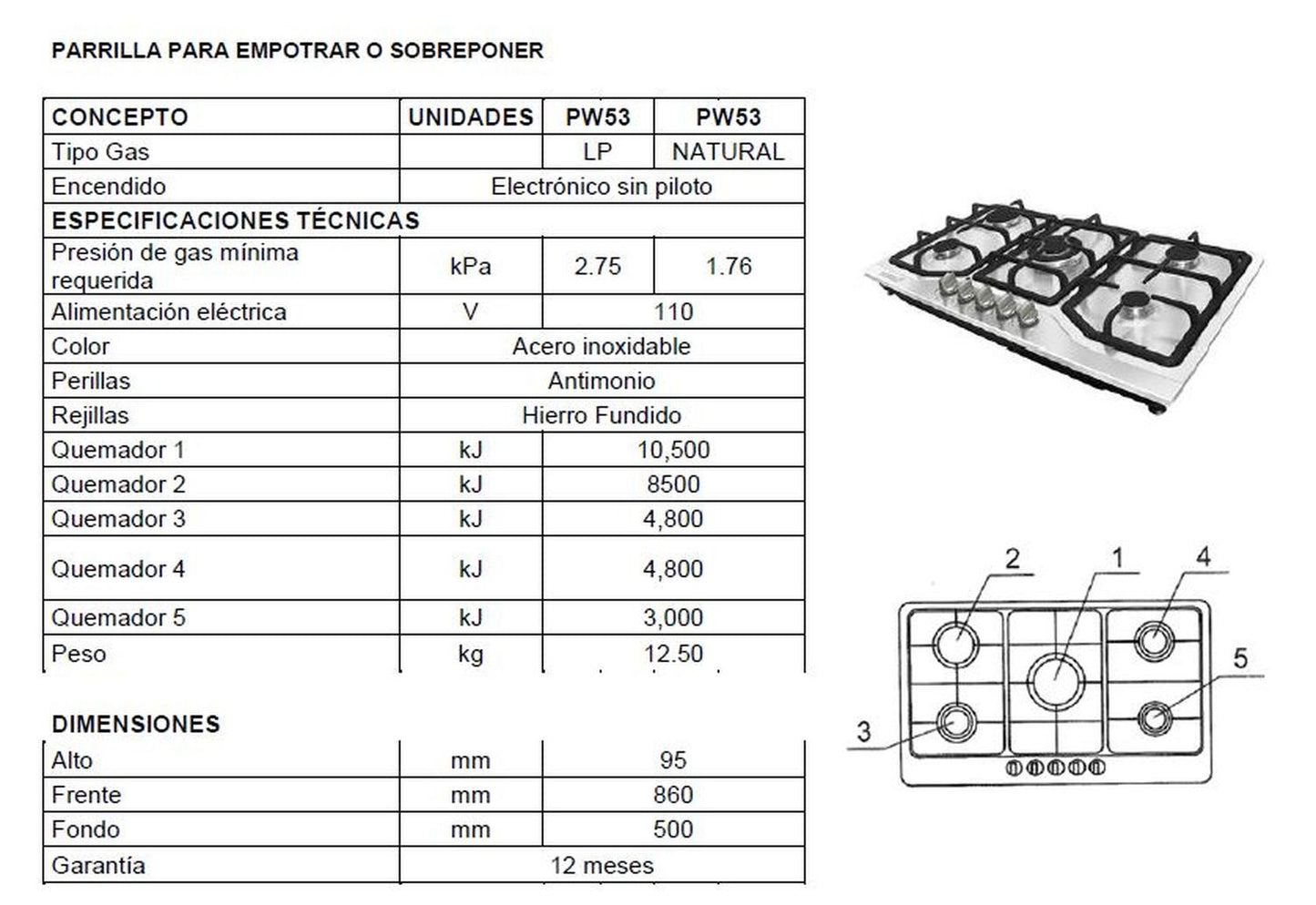 Parrilla Empotrable con 5 Quemadores Gas Natural Krüger