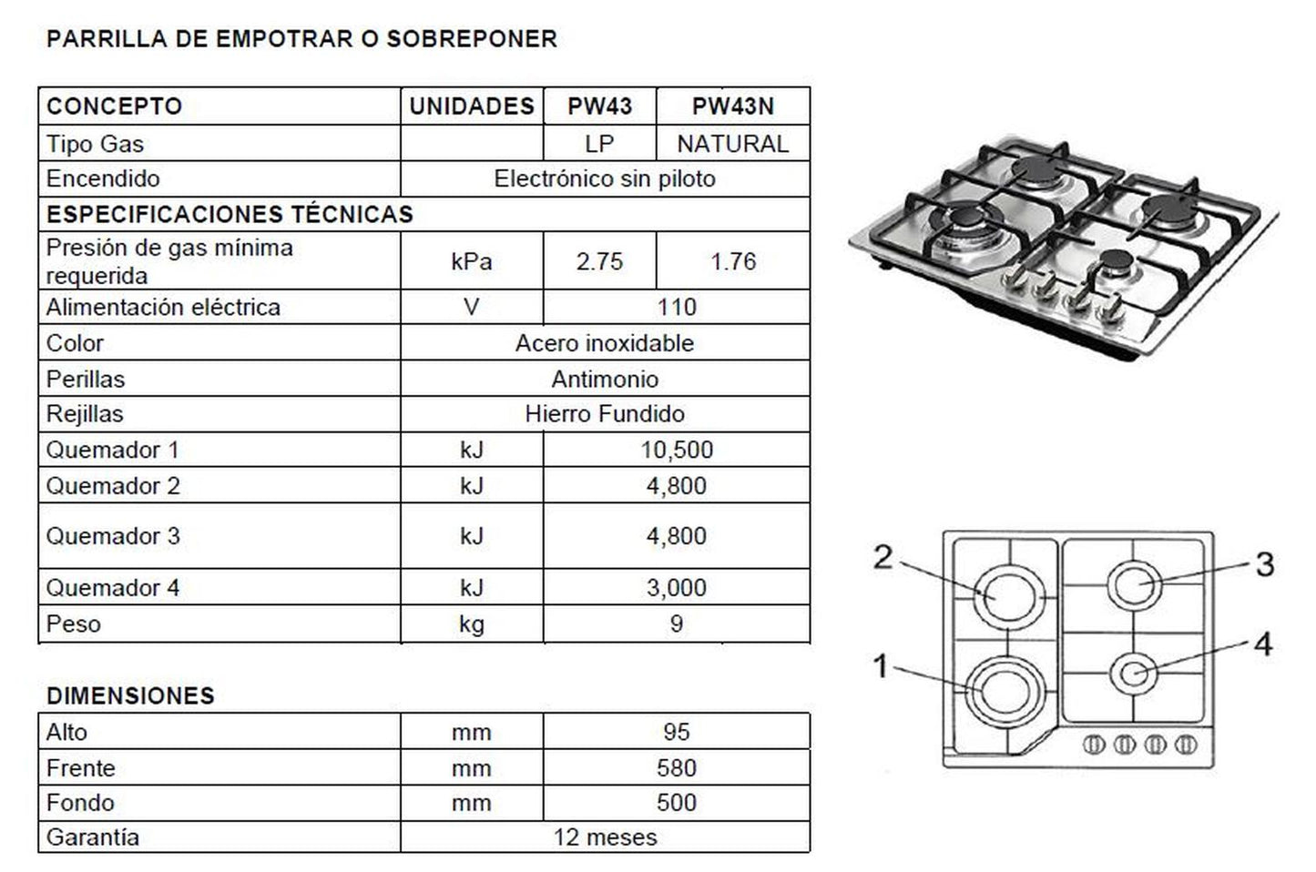 Parrilla Empotrable con 4 Quemadores Gas Natural Krüger